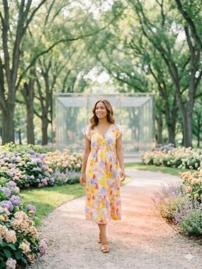 Isabel Women's Yellow Floral  100% Cotton Dress With Pockets Size M